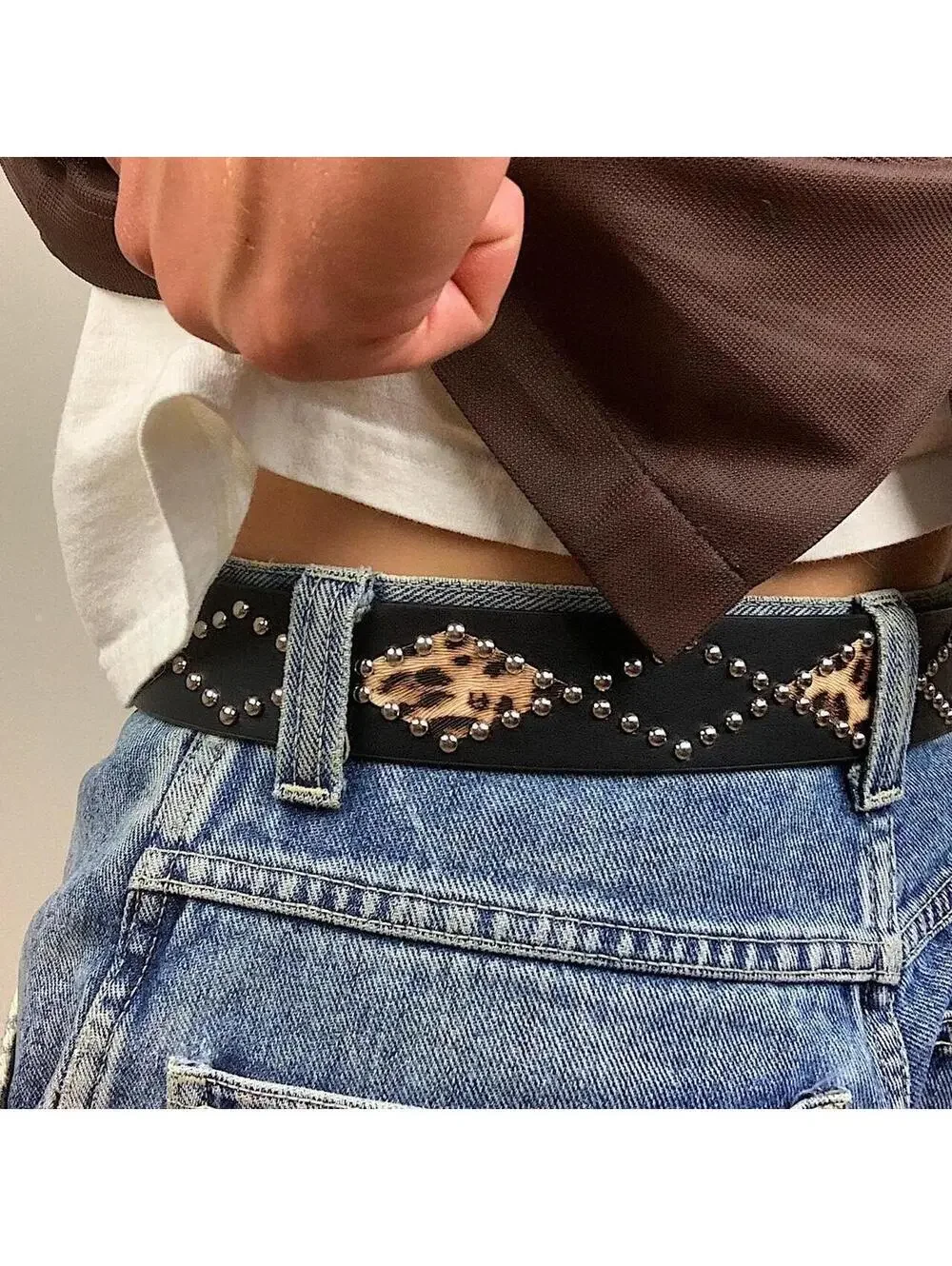 Vintage Y2K style Cheetah Print Studded Black Belt. 39 inches fits a 26-34
